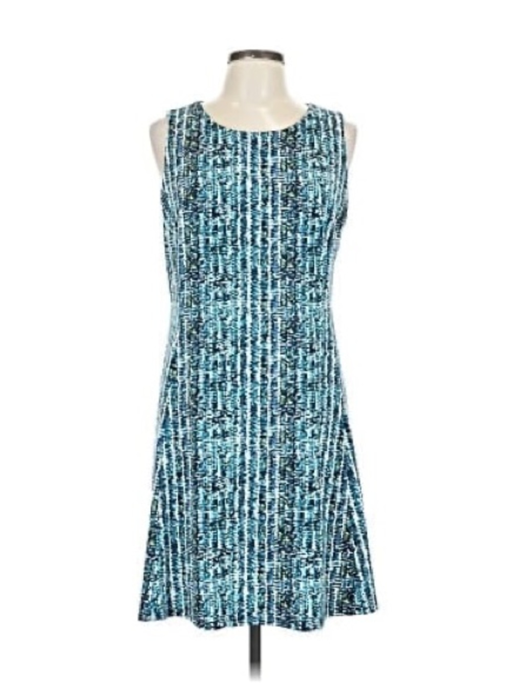 AB Studio Blue and White Patterned Fit and Flare Midi Dress